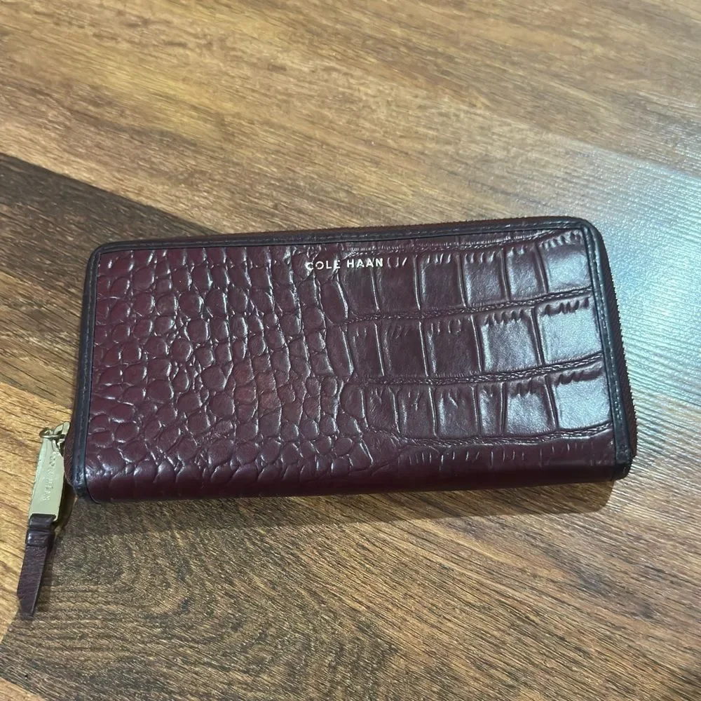 Cole Haan Croc-Embossed Zip Around Wallet - Burgundy with Gold Hardware